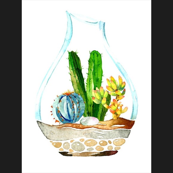 Art Print Botanical Cactus Terrarium Clean Minimalist Wall Decor - Picture 2 of 5